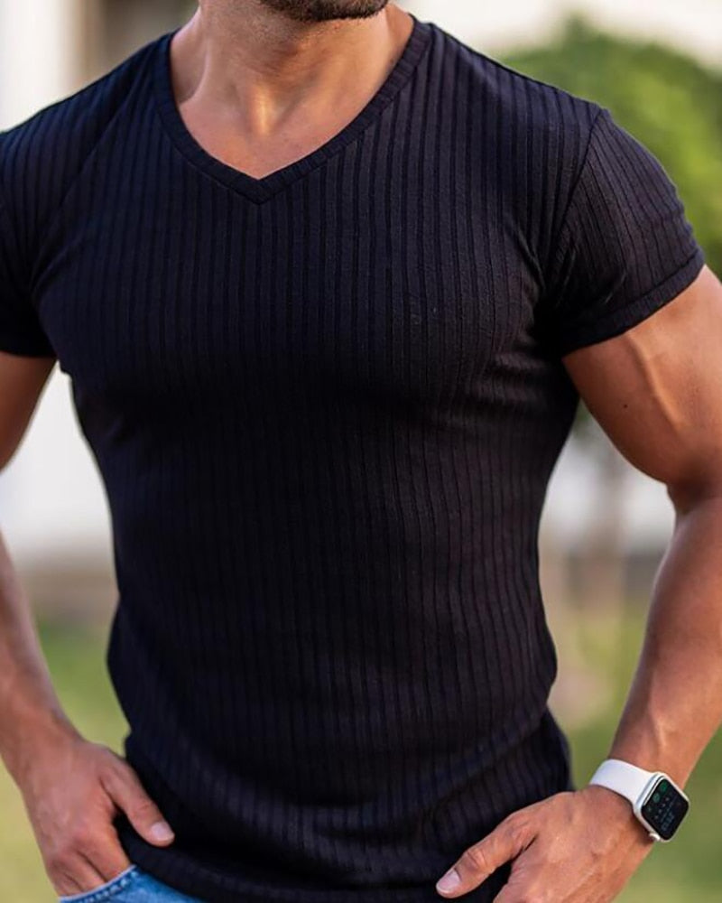 Running V Neck Short Sleeve T Shirt Men Fitness Slim Fit Sports Strips T-shirt Fashion Tees Tops Summer Knitted Gym Clothing