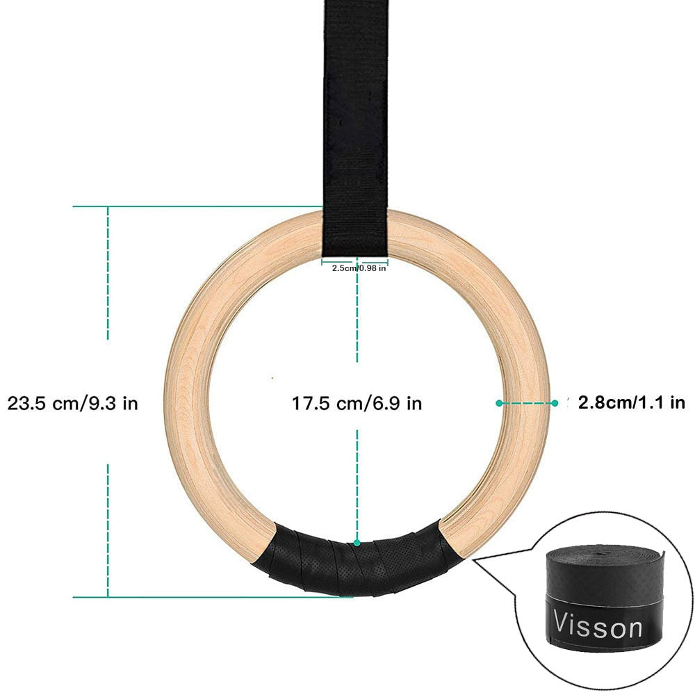 Sports Wood Gymnastic Rings with Adjustable Buckle Straps Anti-slip belt for Strength Training Home Gym Full Body Workout