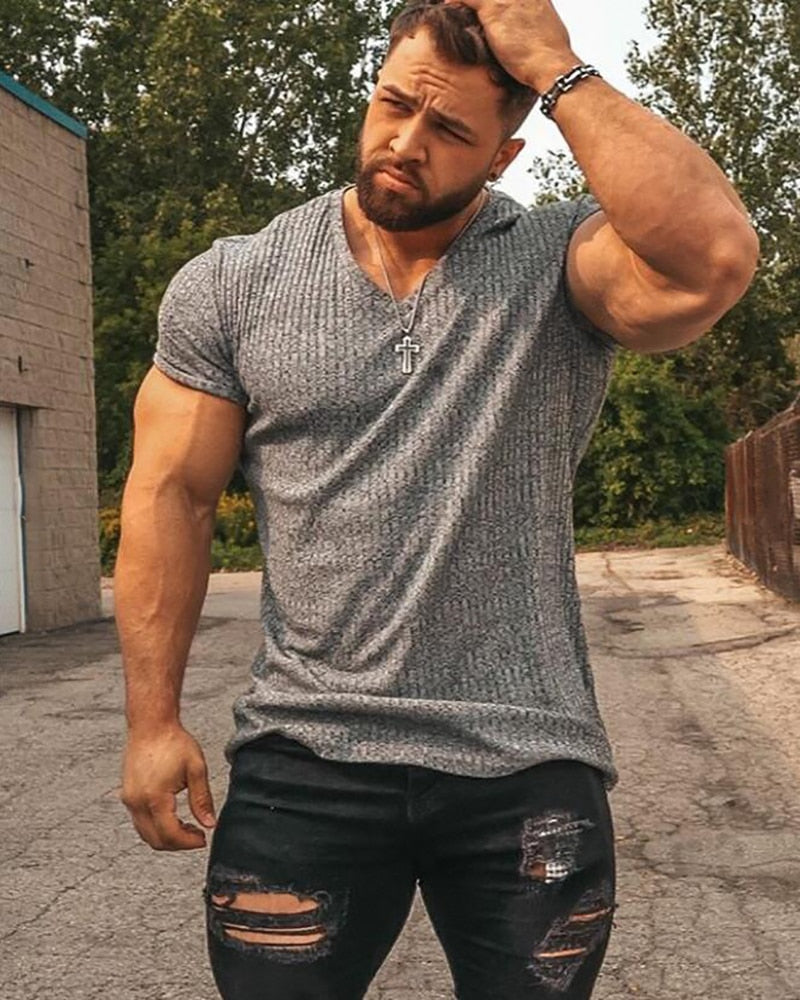 Running V Neck Short Sleeve T Shirt Men Fitness Slim Fit Sports Strips T-shirt Fashion Tees Tops Summer Knitted Gym Clothing