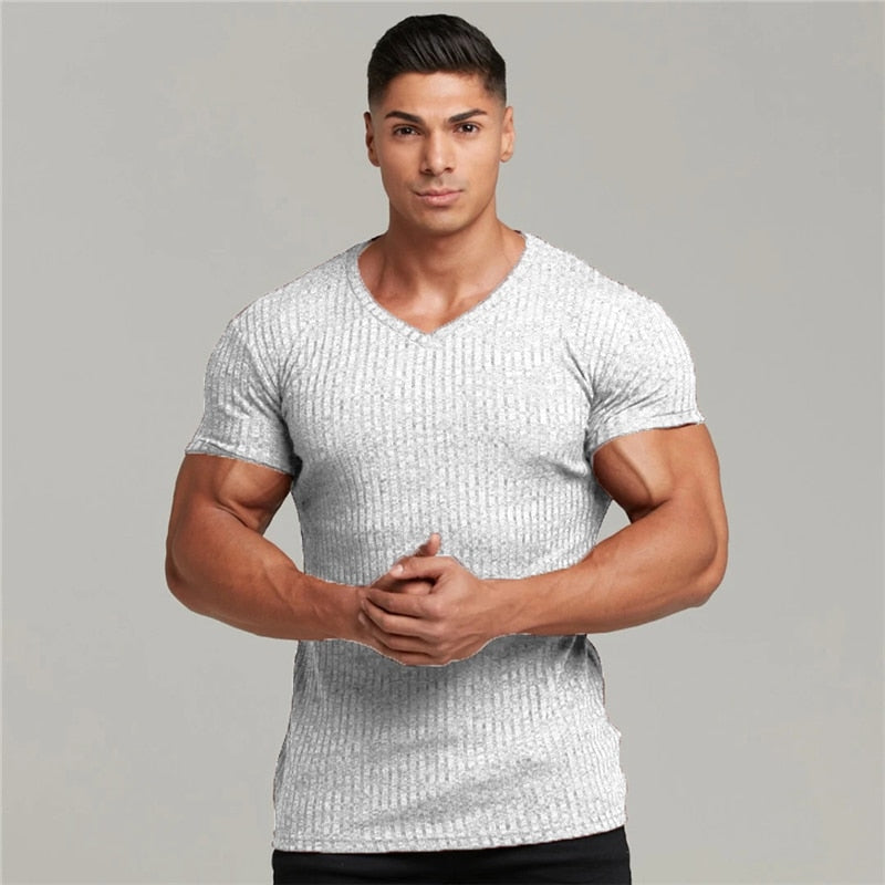 Running V Neck Short Sleeve T Shirt Men Fitness Slim Fit Sports Strips T-shirt Fashion Tees Tops Summer Knitted Gym Clothing