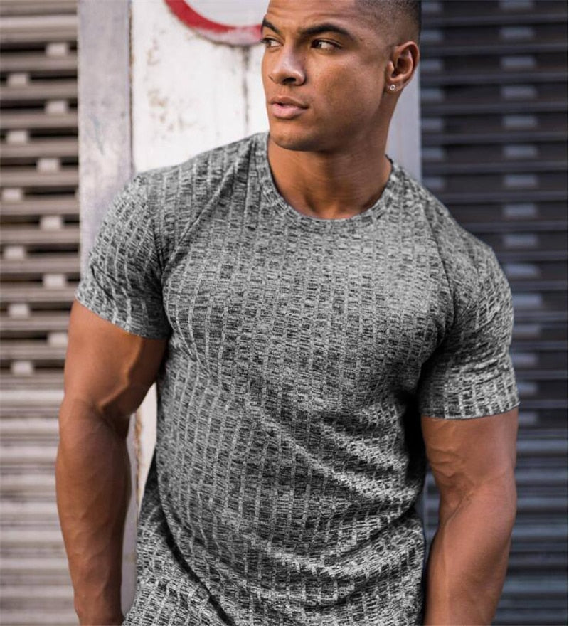 Running V Neck Short Sleeve T Shirt Men Fitness Slim Fit Sports Strips T-shirt Fashion Tees Tops Summer Knitted Gym Clothing